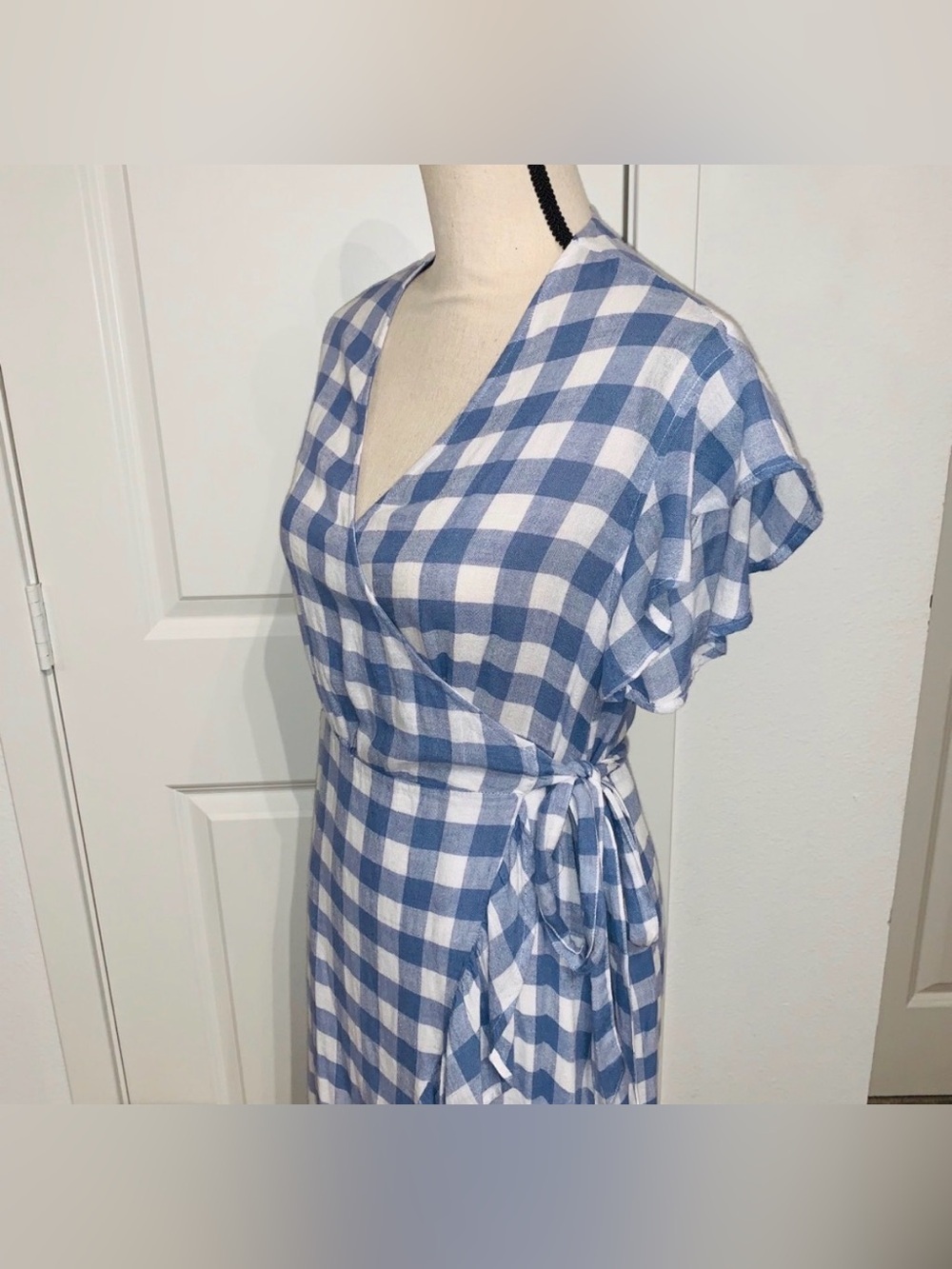 NEW Rails Brigitte Periwinkle Check Linen Wrap Dress Blue White Gingham | S - Picture 5 of 16